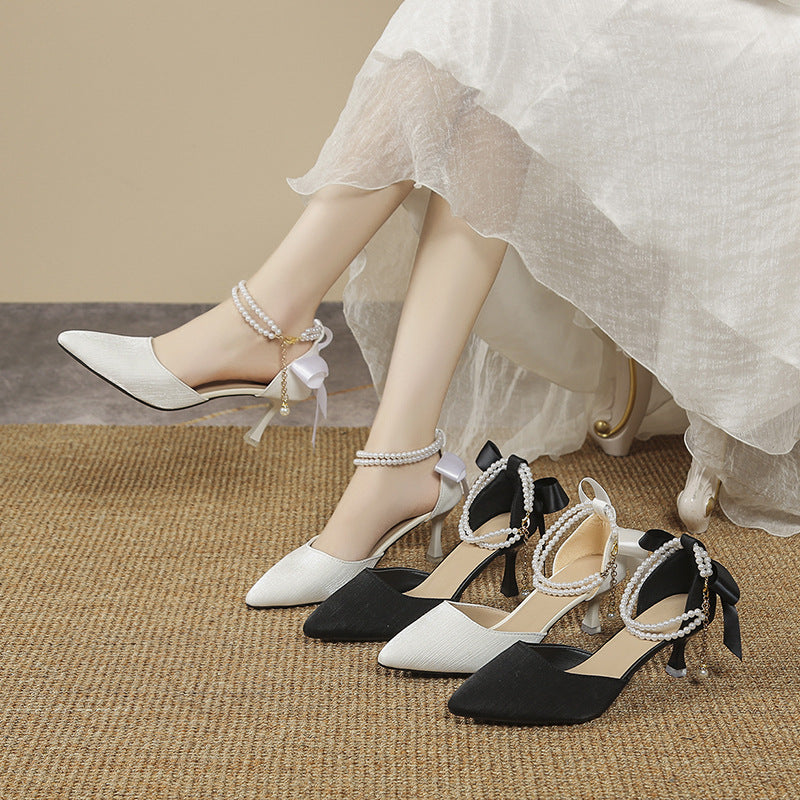French style evening wind flats for women summer 2025 thin heel pointed toe plaid non-tiring feet sandals elegant fairy style high heels