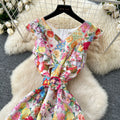 Frenchromantic atmosphere printing sleeveless dress female ruffles belt slimming look design elegant fairy long skirt
