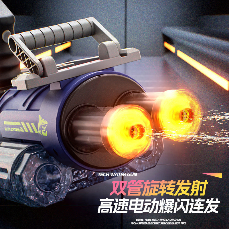 New ai-powered voice-activated double-barrel gatling electric water gun - high-pressure pulse, rotating, flashing, boy's toy