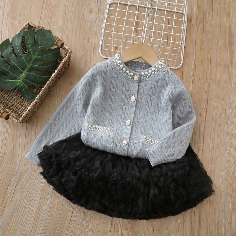 Little girl tweed style tutu skirt two-piece setfall and winternew arrivalkidssweateroutweargirlsweatercardigan