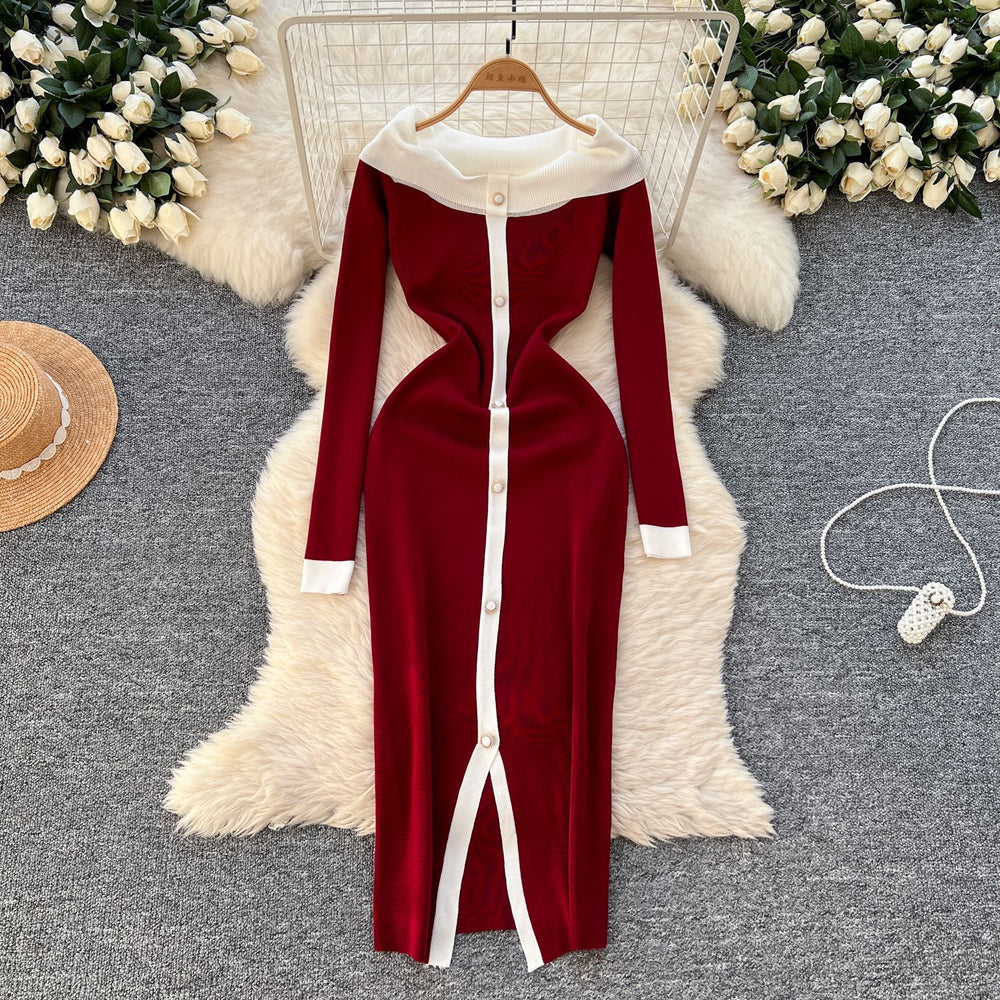 Autumn/winter elegant color block off-the-shoulder long sleeve single-breasted waist-defining knit dress - women's french style sweater dress