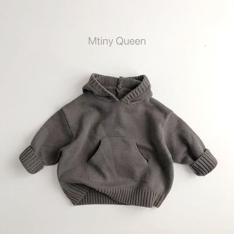Hoodie: practical, stylish korean-style kids' sweater for autumn and winter. chic solid color, retro casual knit hoodie for baby boys and girls