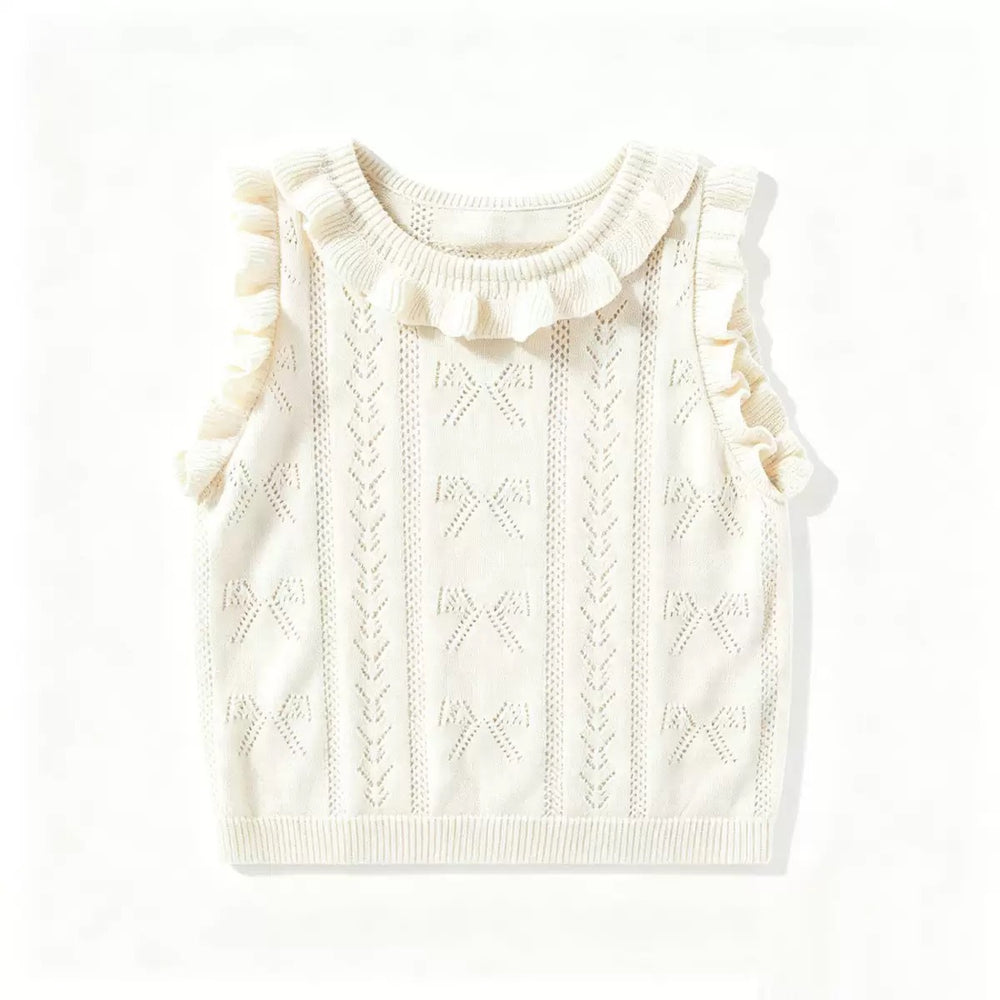 Kids' summer knit sleeveless vest - lightweight, hollow-out, soft, breathable, ruffle-trimmed knit top for babies