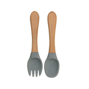 Factory direct sales silicone wooden handle complementary food fork and spoon  baby spoon baby training eating fork and spoon set wholesale