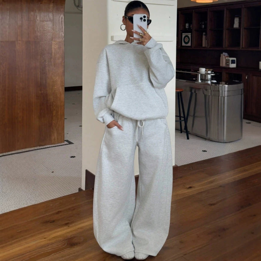 fashion cross-border comfy basics suit pure color dropped shoulder hooded sweatshirt wide-leg casualpants