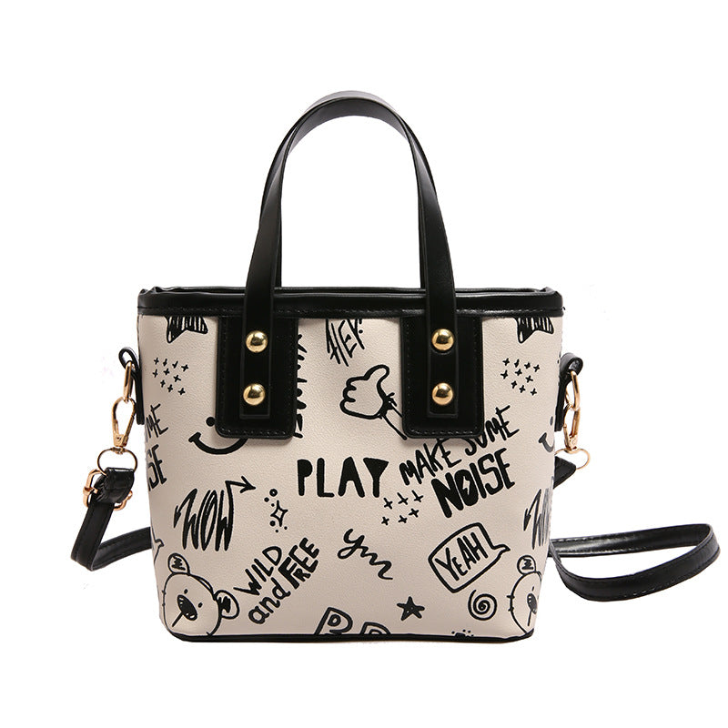 Cute cartoon printed bucket bag women 2025 new messenger bag women ins personality graffiti shoulder bucket bag