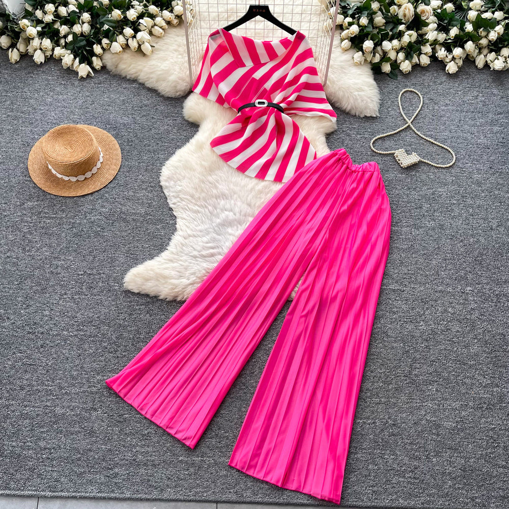 Light mature style stripestopshigh waistpleatedloose pants women's summerasymmetricalslimming lookeleganttwo-piece setwork clothing