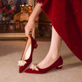 Xiuhe wedding shoes for women, red thick heel, not tiring feet, bridal shoes, 2024 new arrival, chinoiserie pointed toe wedding toast shoes