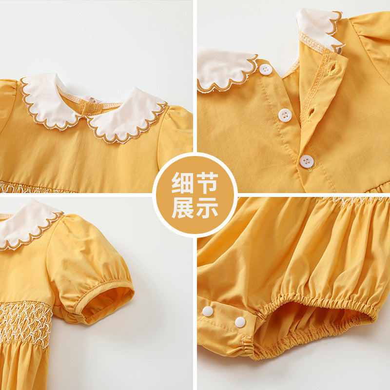 Baby clothing a-grade summer  new short-sleeve romper with shirring, newborn bodysuit, solid color baby outfit