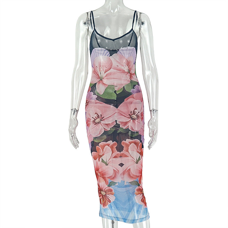European and american style cross-border retro chic women's floral print slip dress - bodycon, loungewear, casual, new long dress