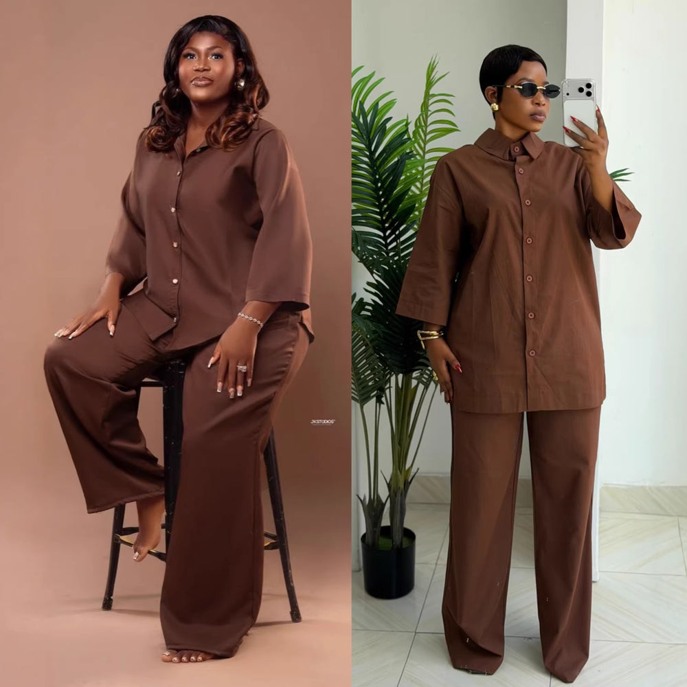 European and american cross-border women's clothing  summer new fashion african plus size loose solid color shirt wide leg pants set