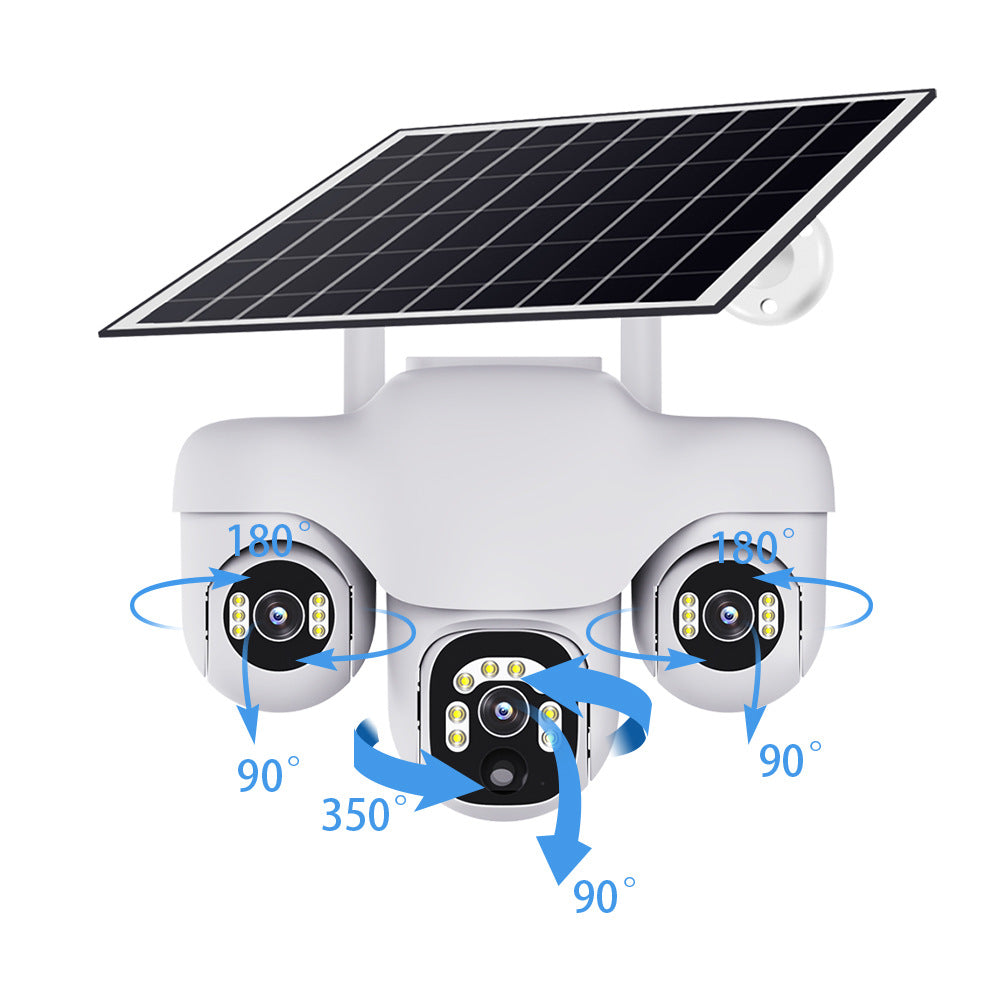 Cross-border low-power V380 monitoring outdoor grid-free and unplugged 4G three-ball rotating solar surveillance camera