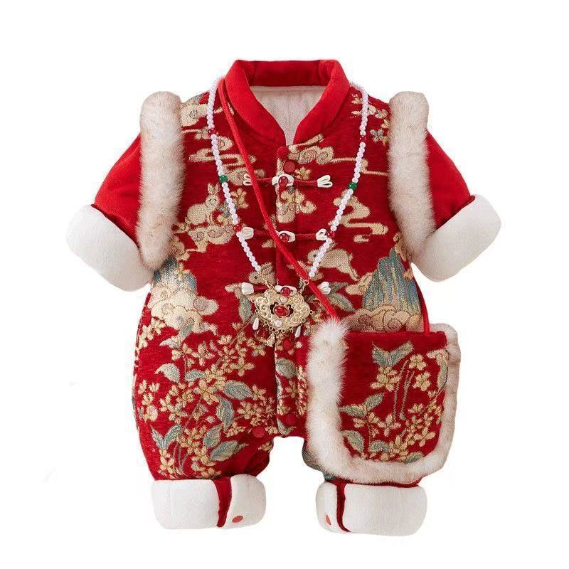Newborn winter chinese style romper - adorable bunny mandarin collar jumpsuit for baby boys and girls
