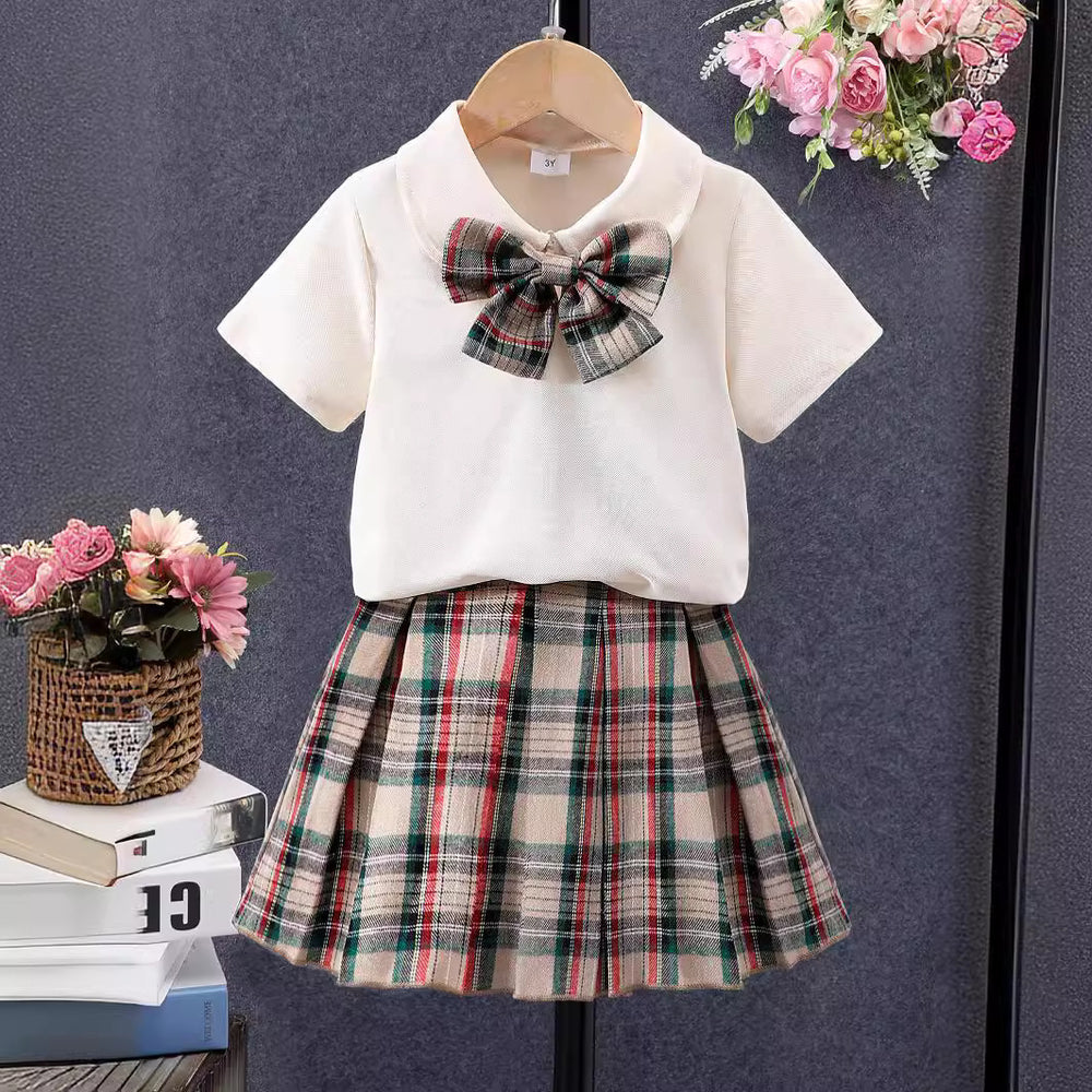 Children's short-sleeved bow plaid shorts suit