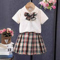 Children's short-sleeved bow plaid shorts suit