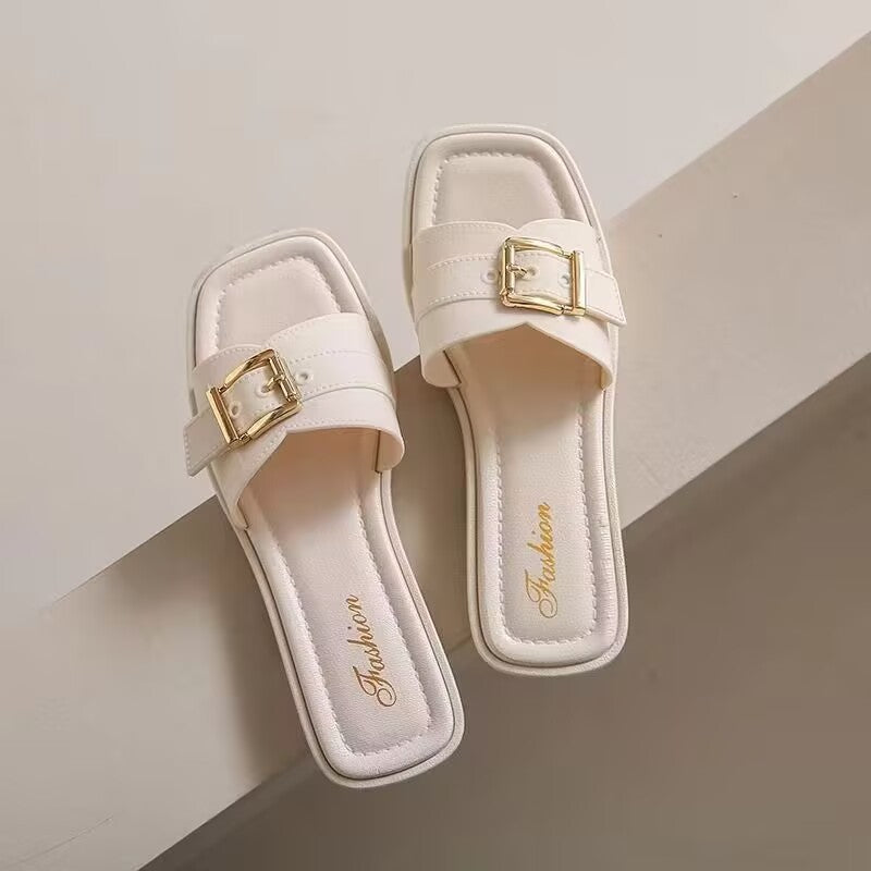2025 summer new arrival: trendy retro women's sandals & slippers - versatile casual flat slides with buckle detail