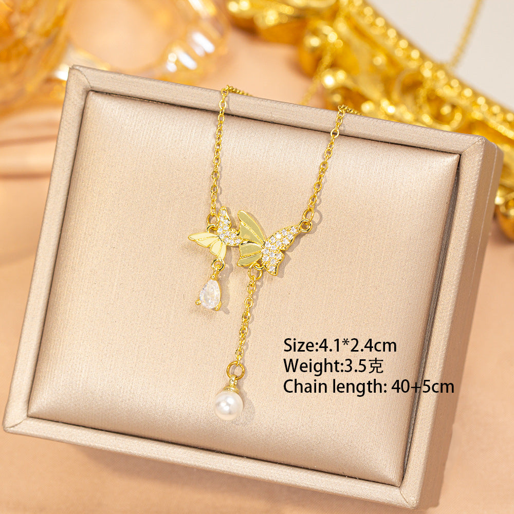 [titanium steel] hot-selling pearl butterfly necklace for women accessible luxuryfashion classy copper micro-inlaid clavicle chain jewelry