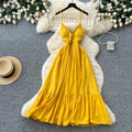 French yellow suspender pure desire backless dress women's summer k-style waist ruffles slimming look vacation style long skirt