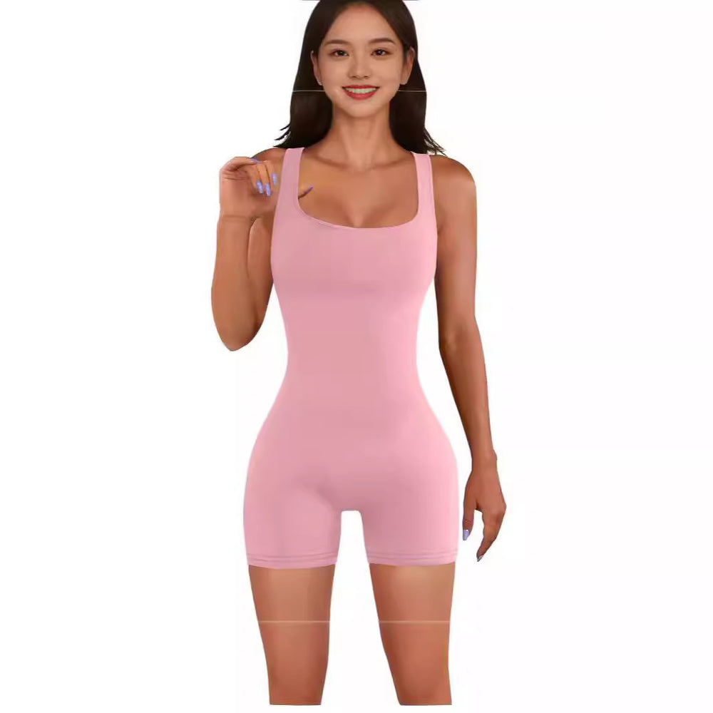 summer women's zipper solid color square neck sleeveless waist tight one-piece shorts yoga pants