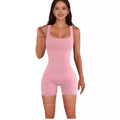 summer women's zipper solid color square neck sleeveless waist tight one-piece shorts yoga pants