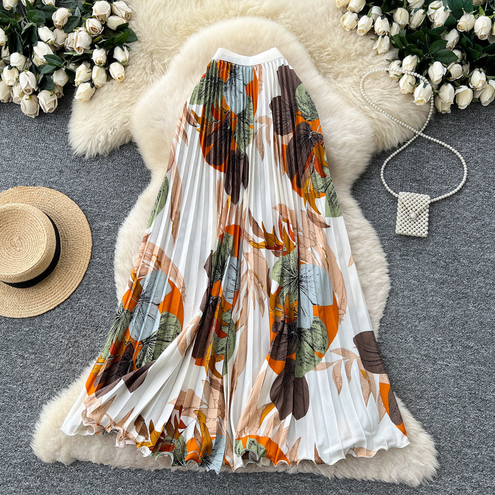 Vintage print pleated elastic waist fashion skirt - women's high-waisted a-line skirt - commute-friendly, flowy maxi skirt for summer
