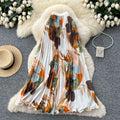 Vintage print pleated elastic waist fashion skirt - women's high-waisted a-line skirt - commute-friendly, flowy maxi skirt for summer