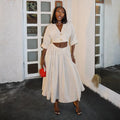 European and american cross-border women's fashion:  summer new collection - stylish 3d floral striped blouse and high-waisted midi skirt set