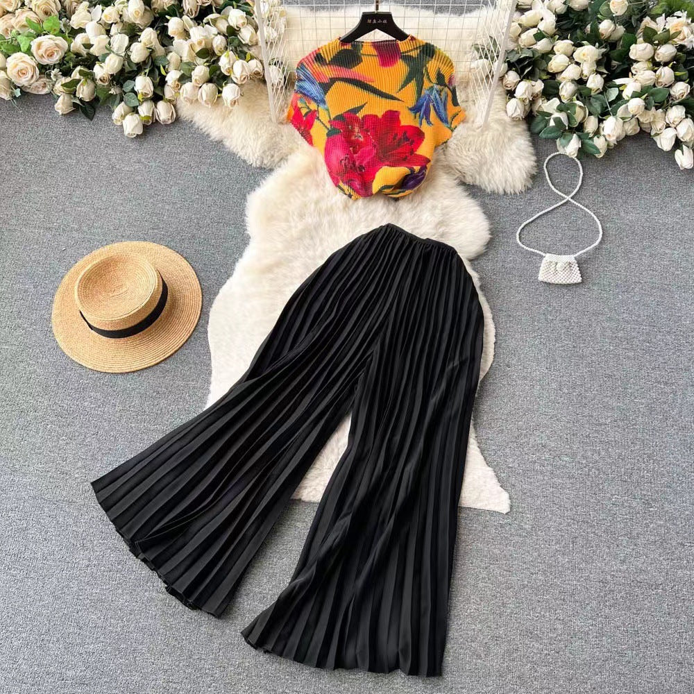 European and american cross-border fashion women's clothing:  summer new arrivals - french-inspired printed tops and loose solid color pleated wide-leg pants