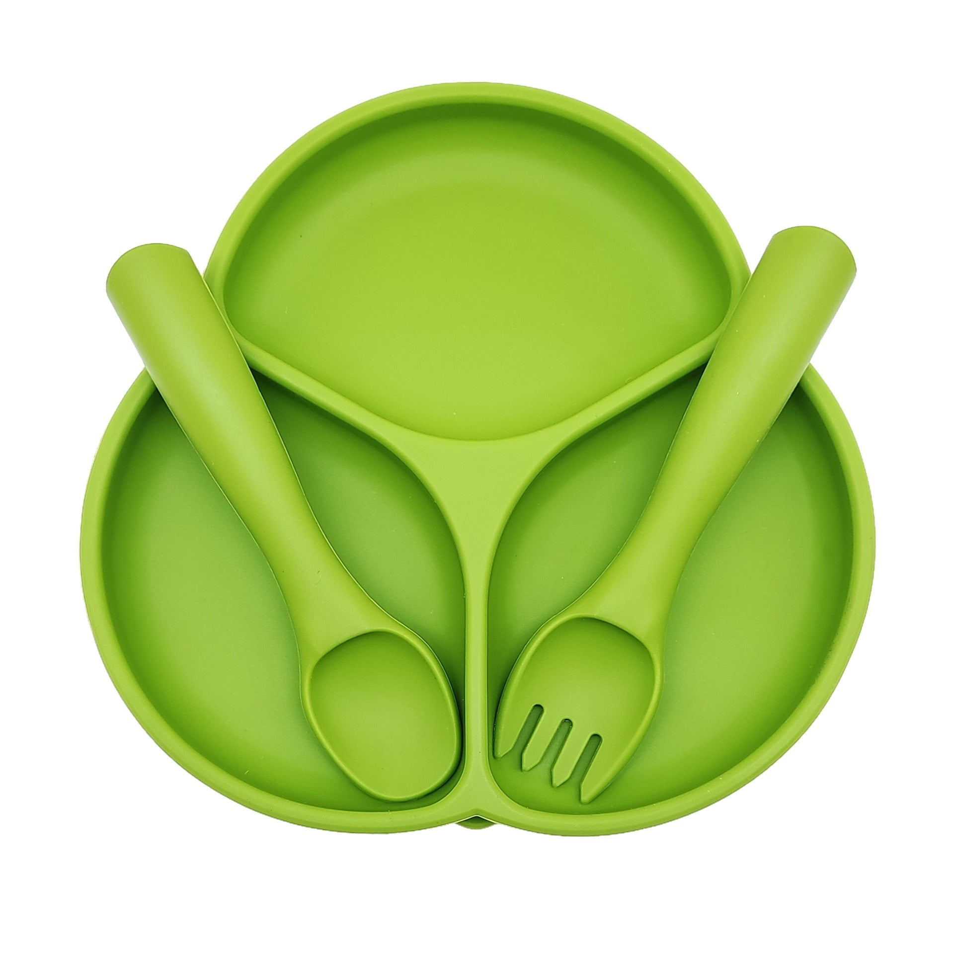 Food-grade silicone fork and spoon set, simple flower three-grid plate, non-slip silicone fork and spoon plate two-piece set