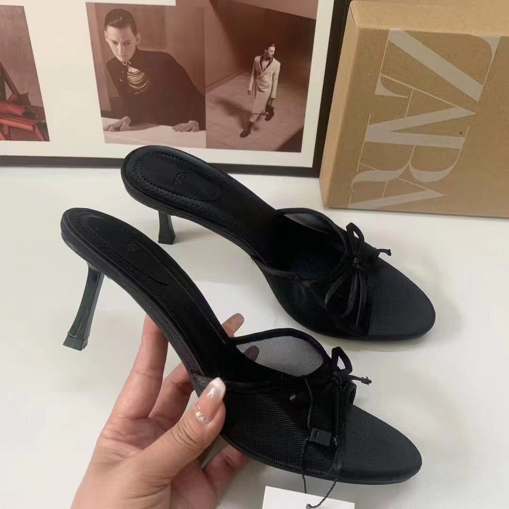 Za summer new 2024 french pointed-toe high heels, single strap bow detail, open toe slingback mules