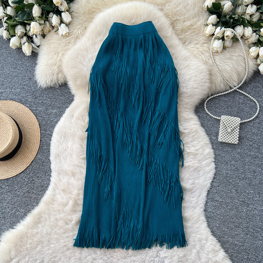 Korean style tassel trim a-line midi skirt - women's 2026 summer high-waisted commute chic tassel skirt