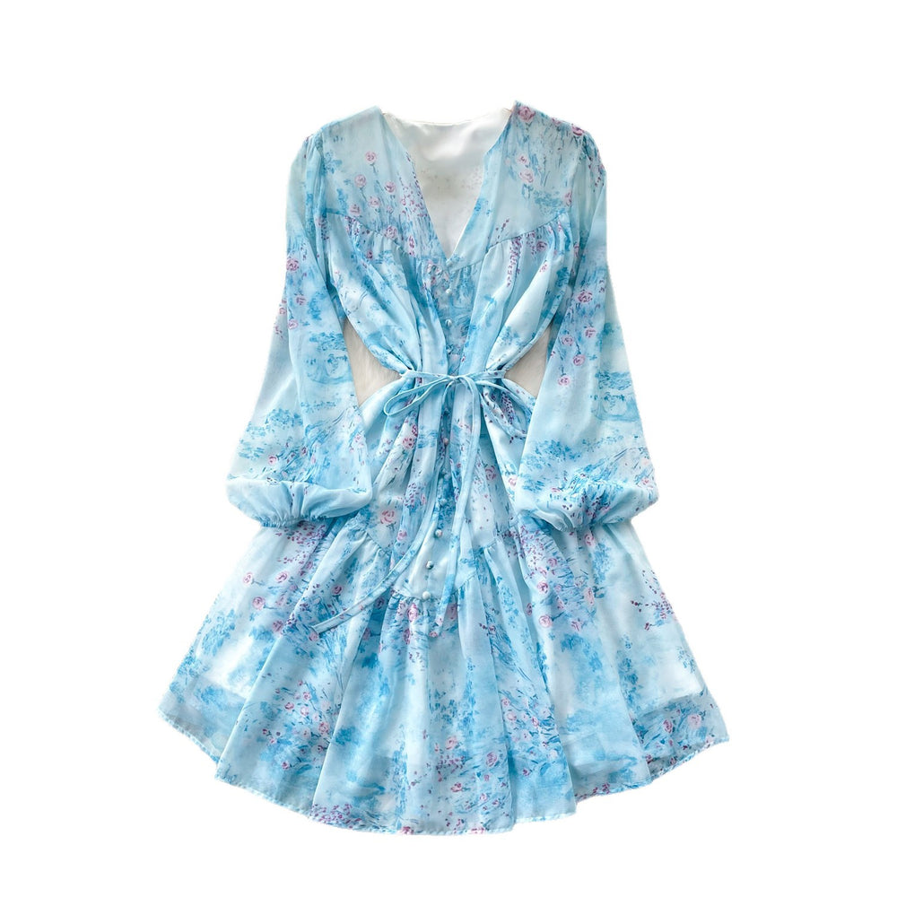 French riviera style pink floral v-neck dress - women's summer korean style long sleeve a-line dress with slimming waist design