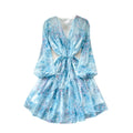 French riviera style pink floral v-neck dress - women's summer korean style long sleeve a-line dress with slimming waist design