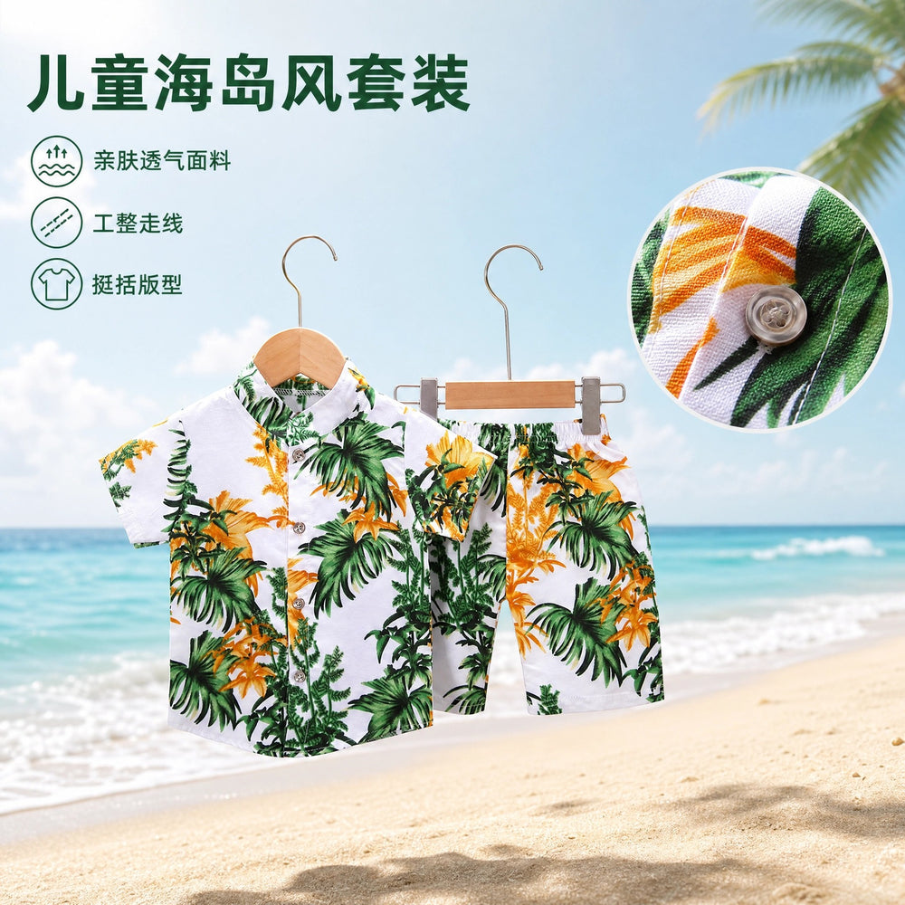 Summer boys' beach casual set - short-sleeve printed shirt + shorts two-piece wholesale