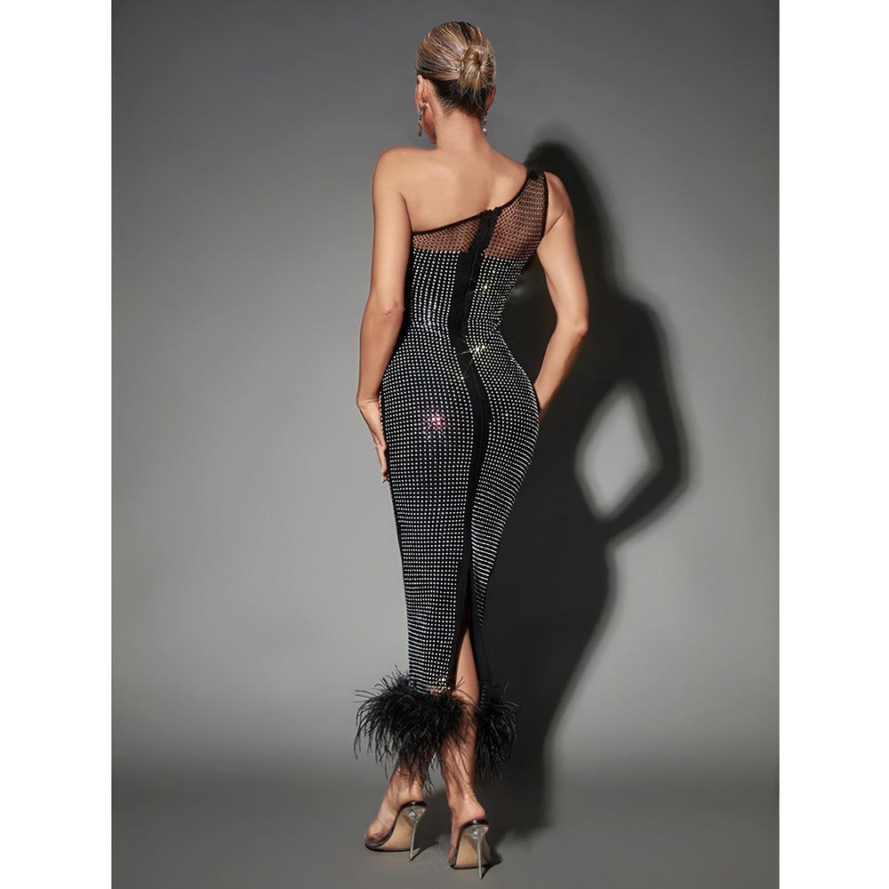 C6666 cross-border   fashion women's one-shoulder mesh rhinestone feather bandage dress