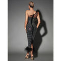 C6666 cross-border   fashion women's one-shoulder mesh rhinestone feather bandage dress