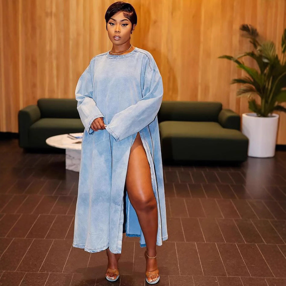 European and american cross-border women's clothing  women's denim dress autumn and winter fashionable minimalist slit long sleeve denim maxi dress