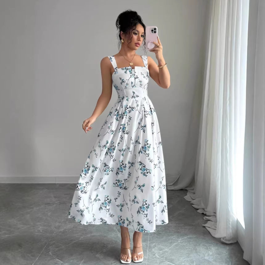 autumn european and american  cross-border e-commerce new solid color sleeveless square neck printed backless slit dress
