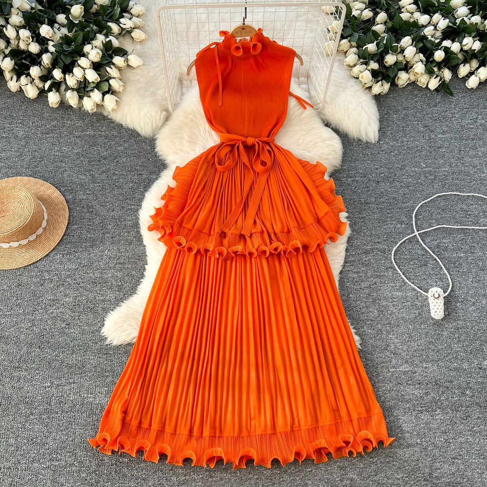 European and american light luxury sleeveless dress - women's summer ruffle hem, cinched waist, elegant, unique, exquisite maxi dress