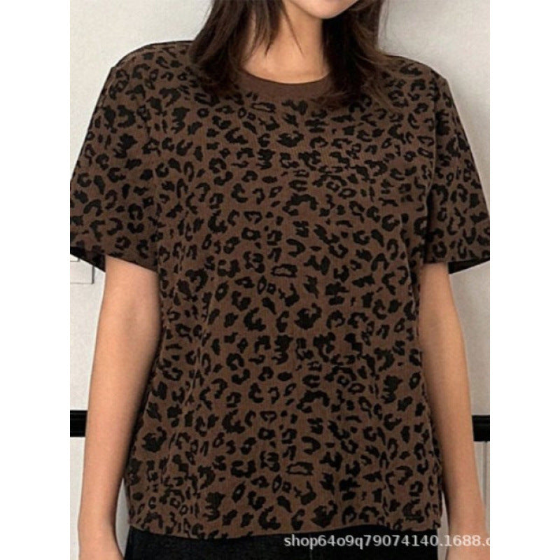summer y2k leopard print crew neck short sleeve top - women's slim fit sexy beauty loose casual slimming t-shirt