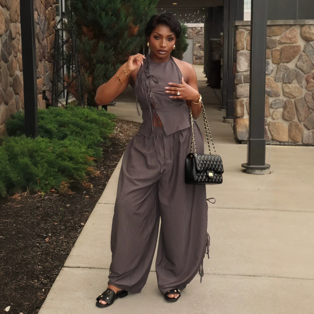European and american cross-border women's fashion:  summer new collection - stylish bowknot striped sleeveless top and wide-leg pants set