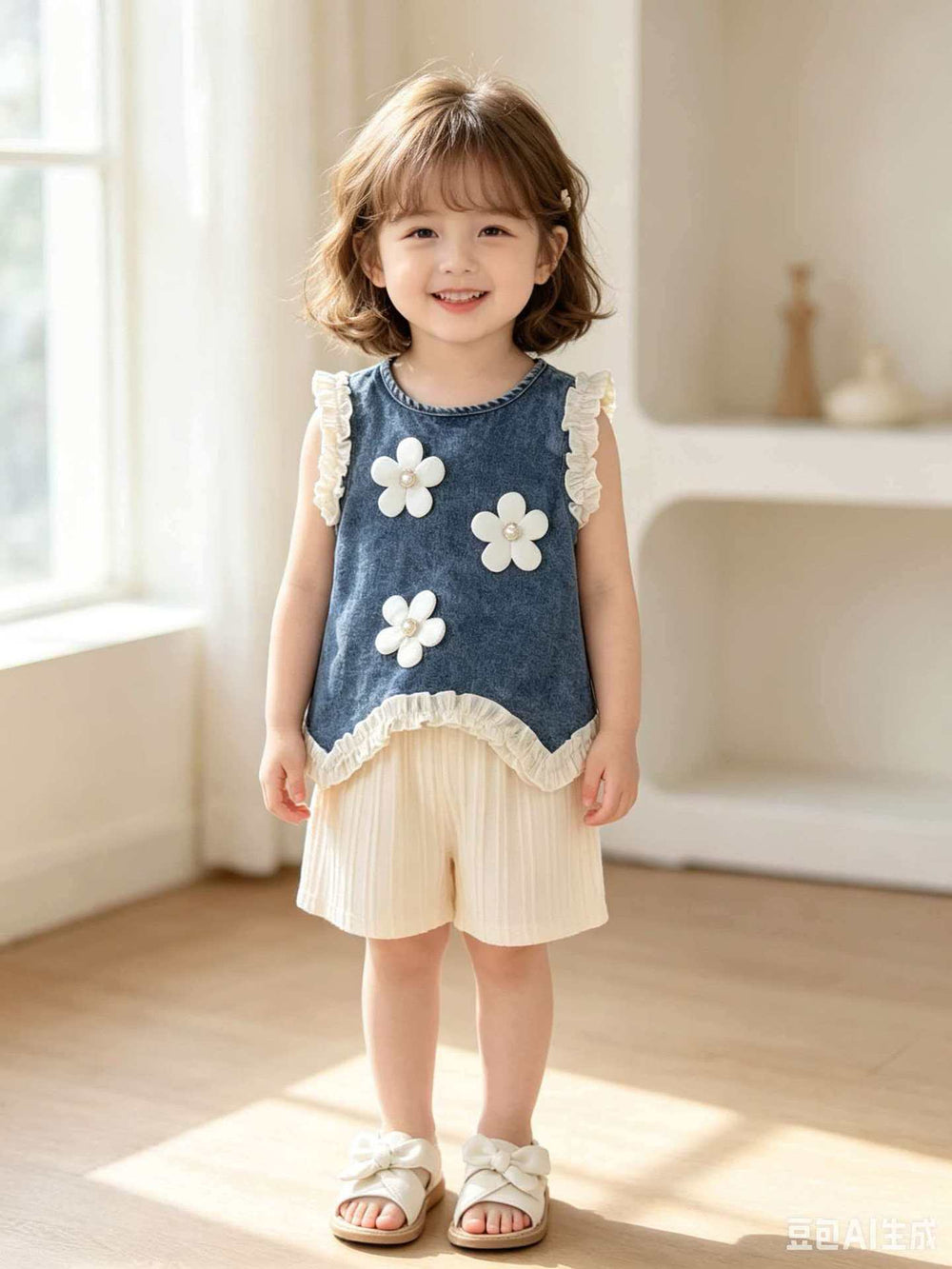 Children's clothing shein cross-border girl suit blue sleeveless top + white pants