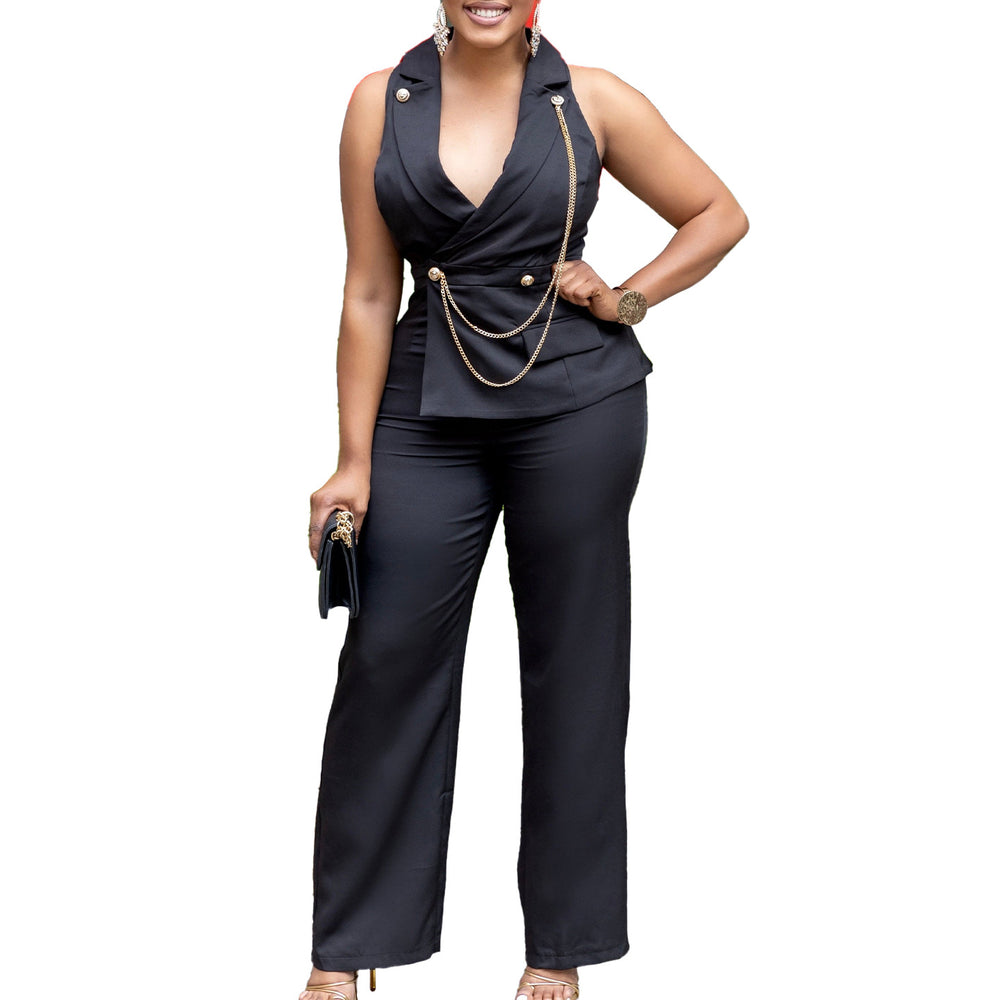 C8604export women's clothing  fashion suit collar sexy fashion chain casual wide leg african jumpsuit