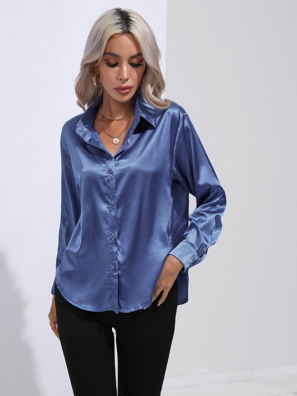Hot-selling real shot: women's satin shirt - faux silk long sleeve blouse, new spring/summer collection, european & american cross-border women's fashion