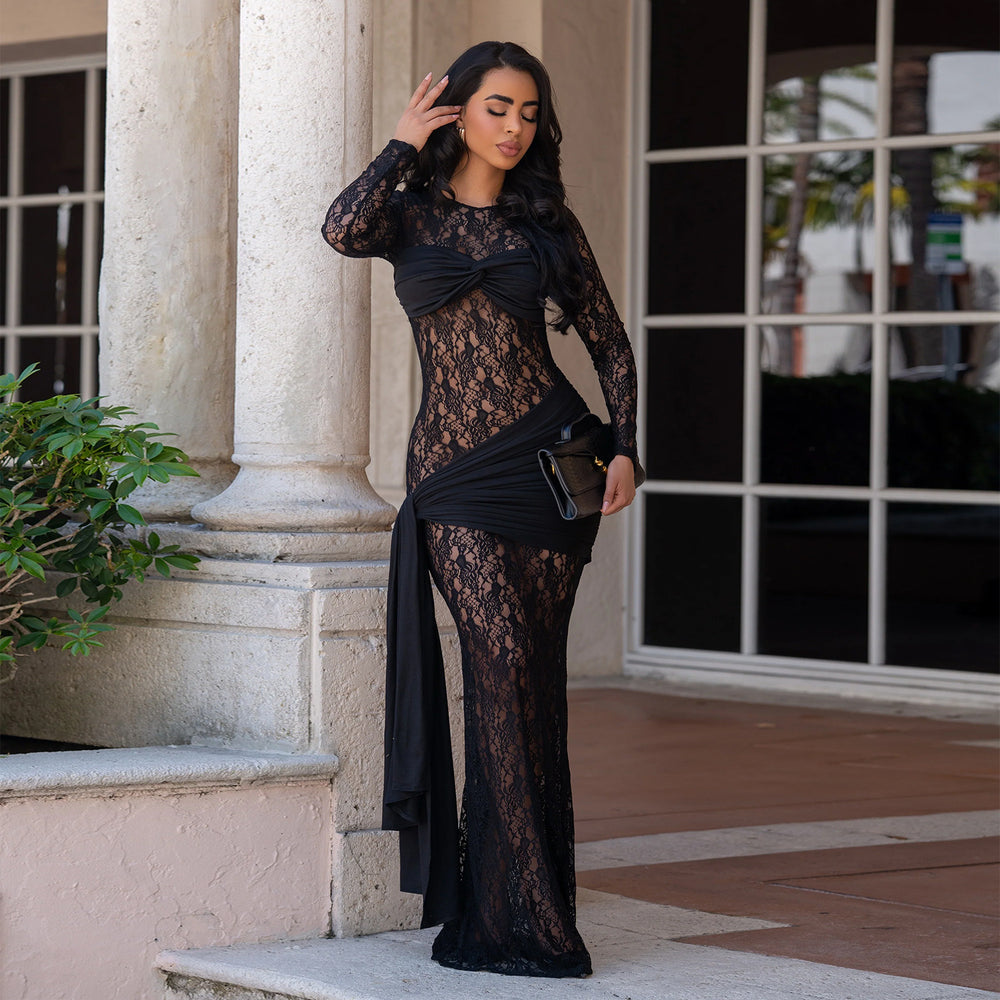 C7688 cross-border   fashion women's sexy round neck lace slim fit long sleeve dress