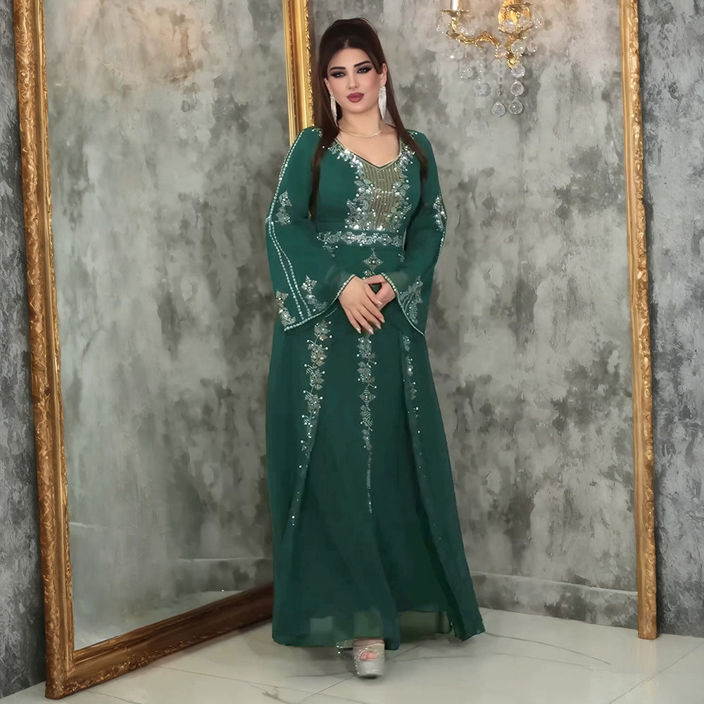 European and american  elegance long dress evening dress heavy industry hot diamond cross-border clothing women's large size dress