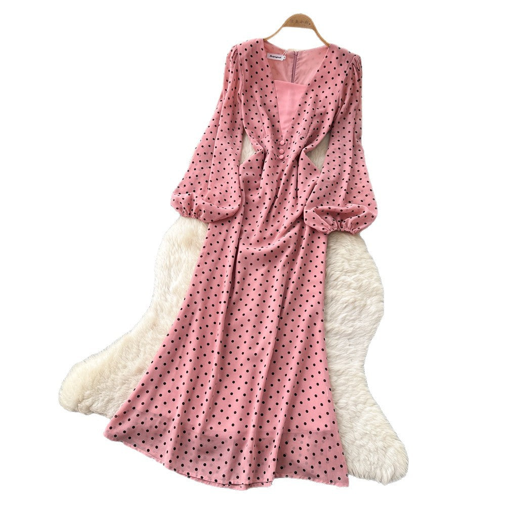 Vintage polka dot v-neck puff sleeve dress - women's summer slimming midi work dress
