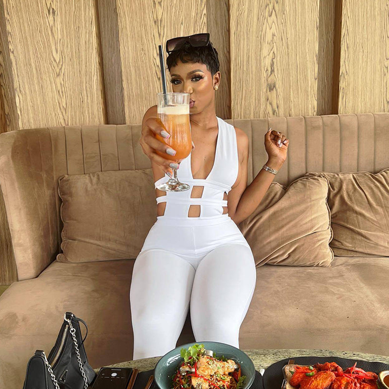 European and american style  summer solid color pants hollow out patchwork high waist slimming butt lifting fashion casual jumpsuit wholesale