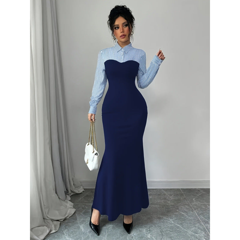 code new arrival  women's original elegancecontrast color lapel silmdress