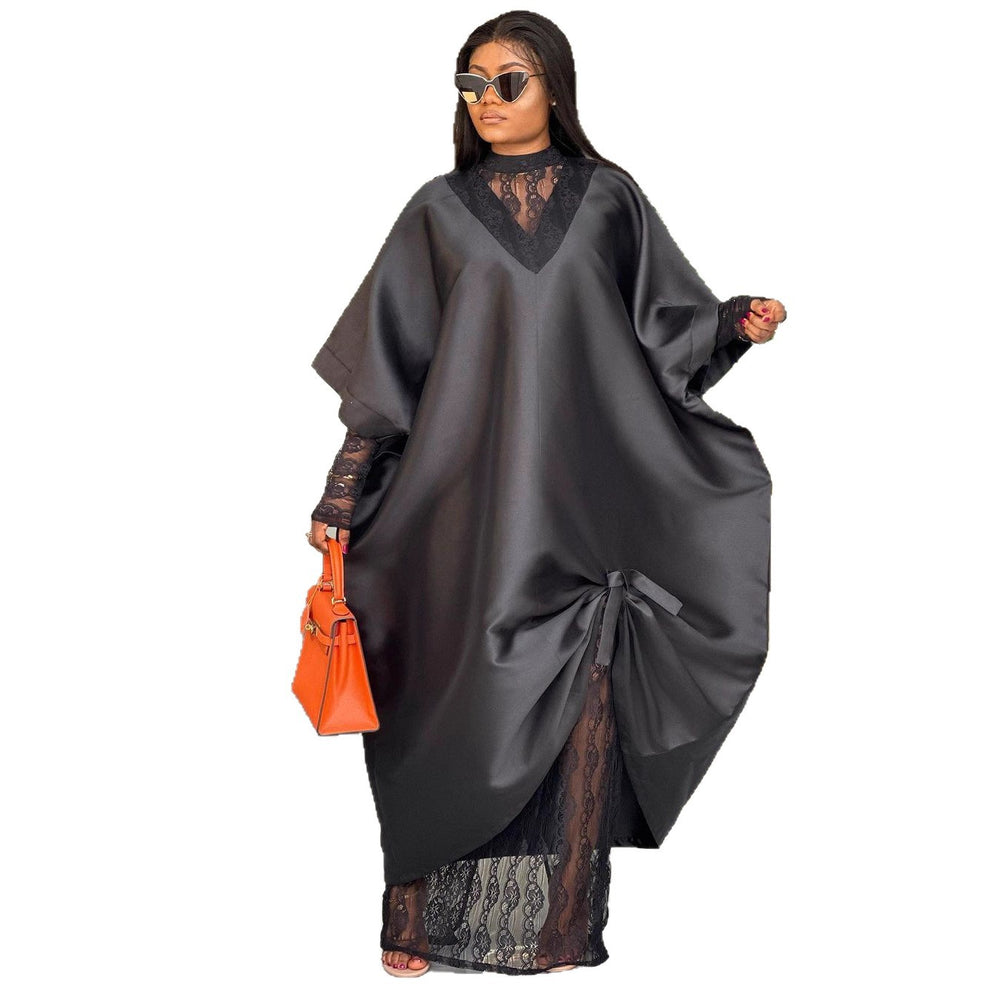 African loose robe dress suit lacedress lined with v neck bat sleeve large swing skirt bubu dress